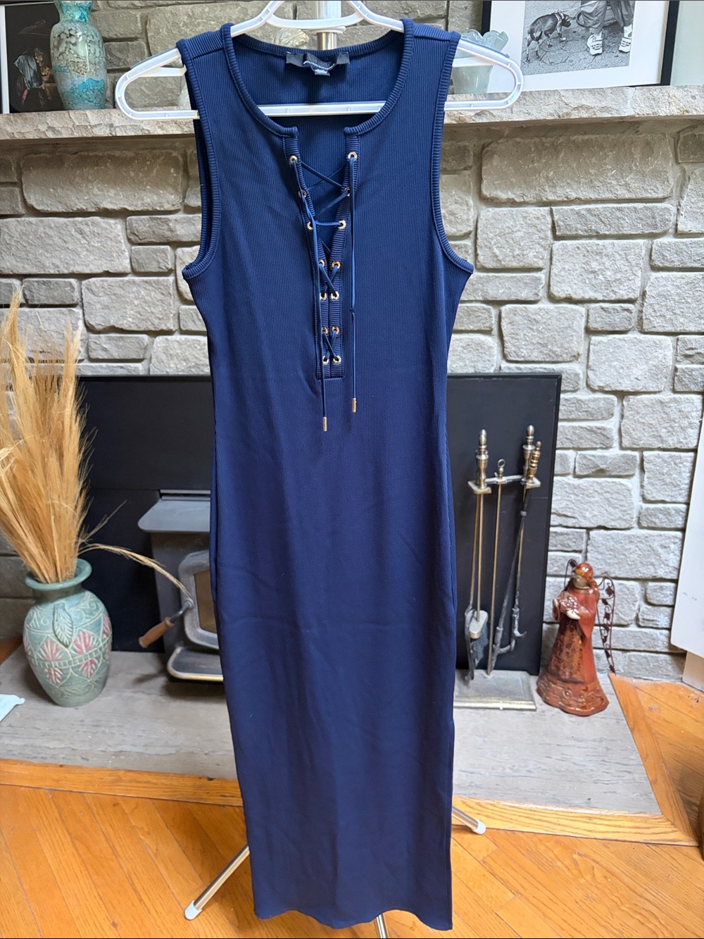 White House Black Market Bodycon Navy Sleeveless Lace-Up Ribbed Maxi Dress